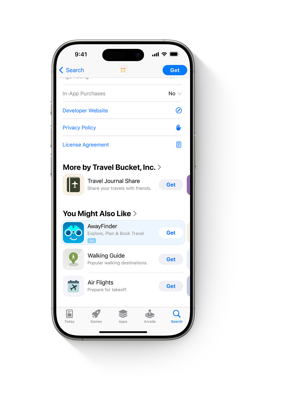 iPhone 屏幕上打开了 App Store。App Store 产品页面的底部展示了示例 app“AwayFinder”的广告，用户向下滚动页面时可以看到该广告。