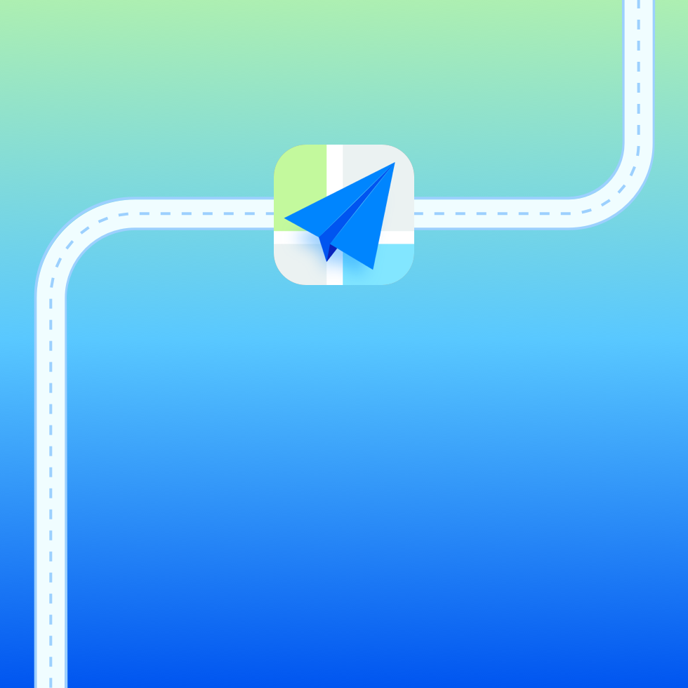 高德地图 app 图标出现在道路插图和绿蓝渐变背景上。